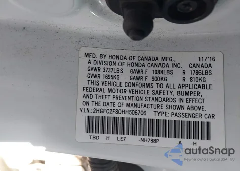 2017 Honda Civic Ex из США, поврежденный, VIN 2HGFC2F80HH506706